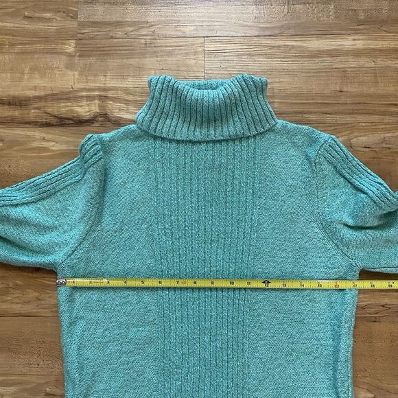 SUNDANCE L Turquoise Toasty Tweed Rib Knit Turtleneck Sweater Soft Cozy Winter - Picture 11 of 16